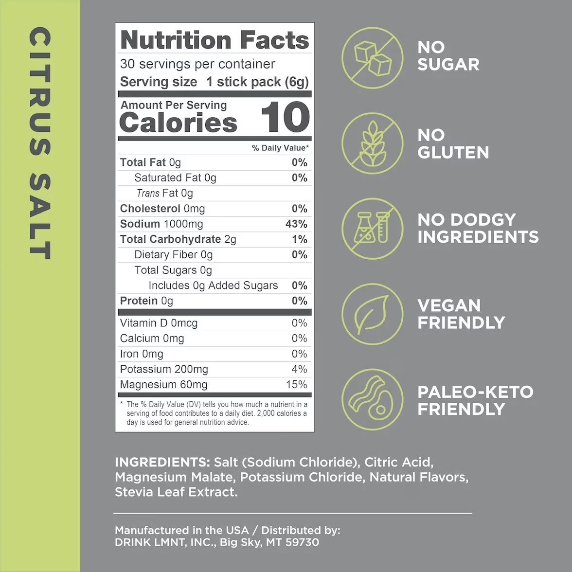 LMNT Zero-Sugar Electrolyte Drink Mix | 30 Stick Packs